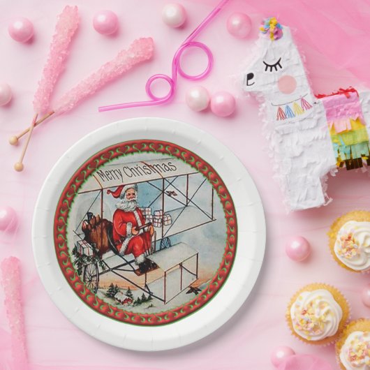Assiettes En Carton Noël Père Noël volant un vieil avion (Fête)