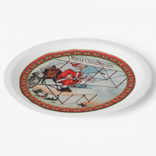 Assiettes En Carton Noël Père Noël volant un vieil avion (Angle)