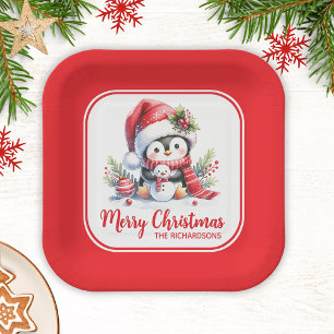 Assiettes En Carton Noël Pingouin mignon Rouge Custom Joyeux Noël