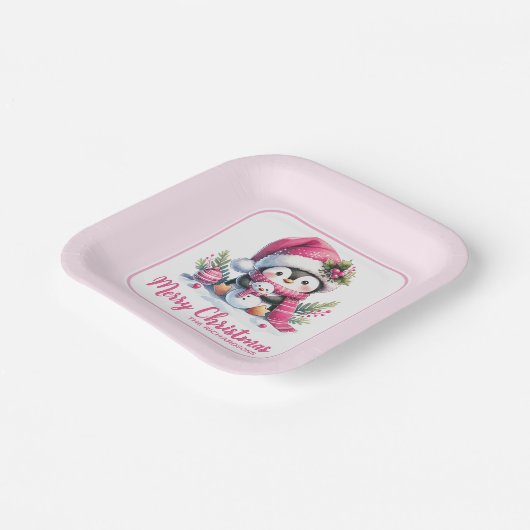 Assiettes En Carton Noël Pingouin rose Personnalisé Joyeux Noël (Angulaire)