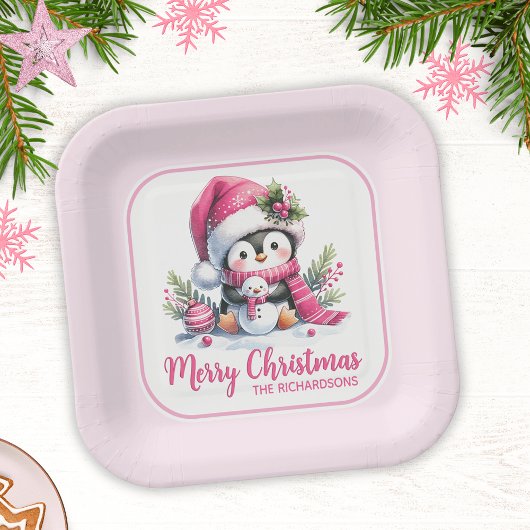 Assiettes En Carton Noël Pingouin rose Personnalisé Joyeux Noël