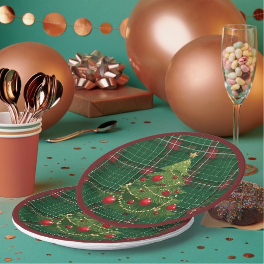 Assiettes En Carton Noël Plaid Green, Rouge (Multi)