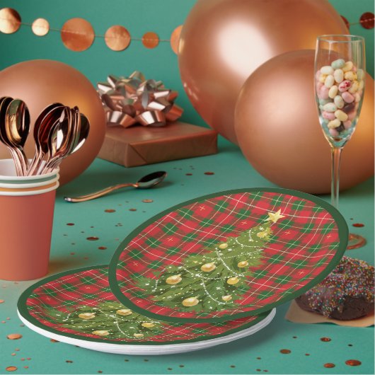 Assiettes En Carton Noël Plaid Rouge, Vert avec Croix d'or (Multi)