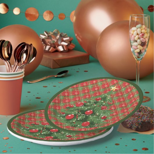 Assiettes En Carton Noël Plaid Rouge, Vert avec Flèche-Neige Or (Multi)