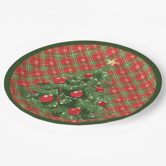 Assiettes En Carton Noël Plaid Rouge, Vert avec Flèche-Neige Or (Angle)