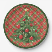 Assiettes En Carton Noël Plaid Rouge, Vert avec Flèche-Neige Or (Devant)