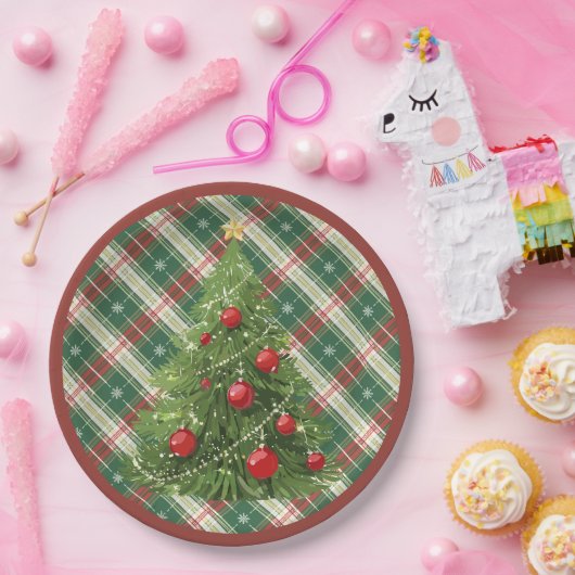 Assiettes En Carton Noël Plaid vert, blanc avec rouge (Fête)