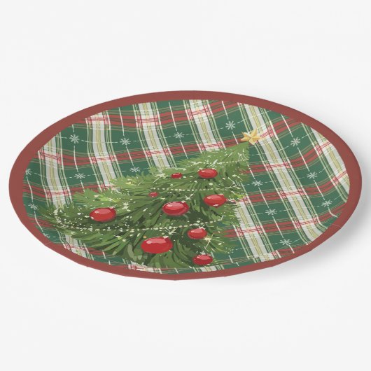 Assiettes En Carton Noël Plaid vert, blanc avec rouge (Angle)