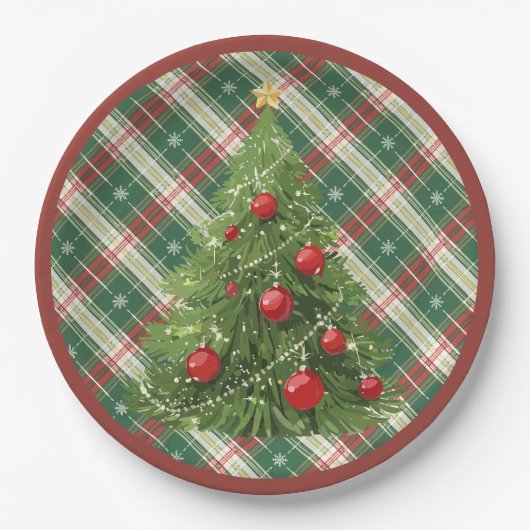 Assiettes En Carton Noël Plaid vert, blanc avec rouge (Devant)