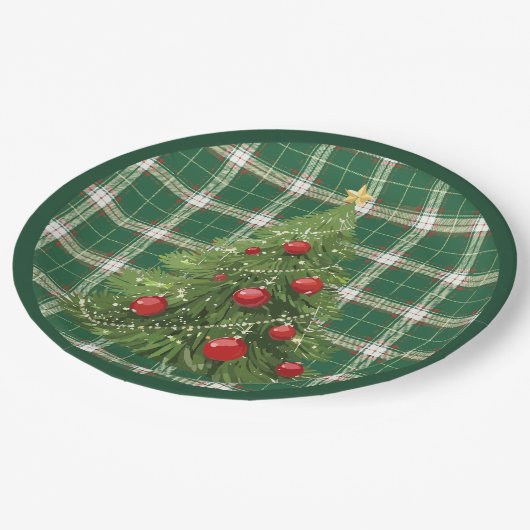 Assiettes En Carton Noël Plaid Vert, Blanc, avec Rouge, Or (Angle)
