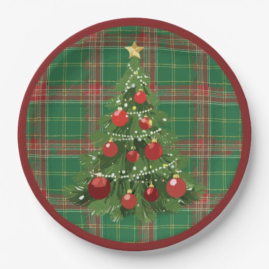 Assiettes En Carton Noël Plaid Vert, Rouge avec Or (Devant)