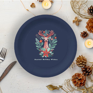 Assiettes En Carton Noel renne Floral Bleu Vacances Plaque en papier