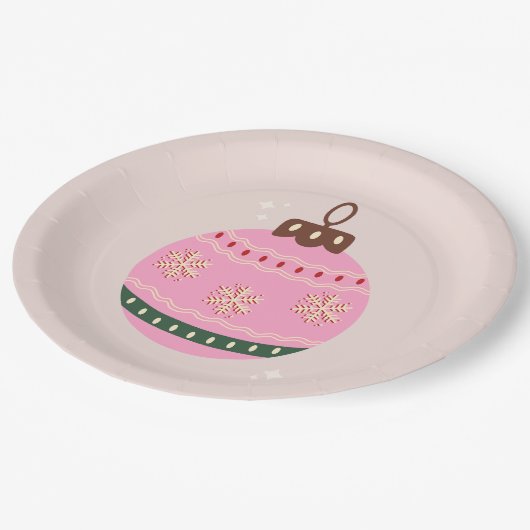 Assiettes En Carton Noël Rétro Vacances rose Bauble (Angle)