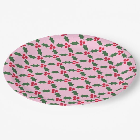 Assiettes En Carton Noël rose rouge vert Holly (Angle)