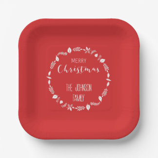Assiettes En Carton Noël Rouge Avec Décor Feuille Blanc