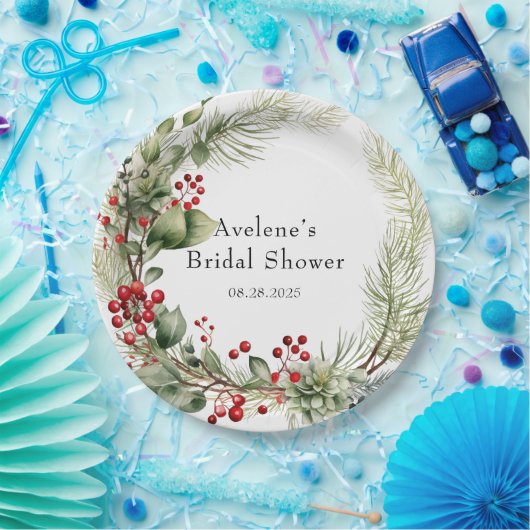 Assiettes En Carton Noël Rouge Berries Pine Fête des mariées Wreath (Fête)