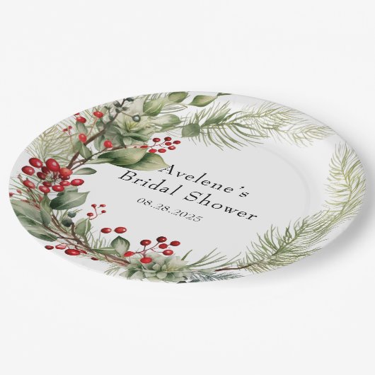 Assiettes En Carton Noël Rouge Berries Pine Fête des mariées Wreath (Angle)