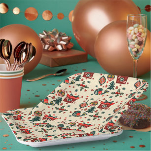 Assiettes En Carton Noël Rouge et Crème Nordique