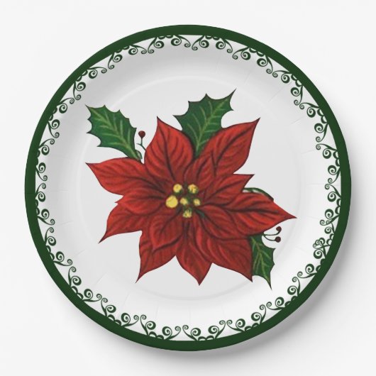 Assiettes En Carton Noël Rouge Poinsettia Fête Florale (Devant)