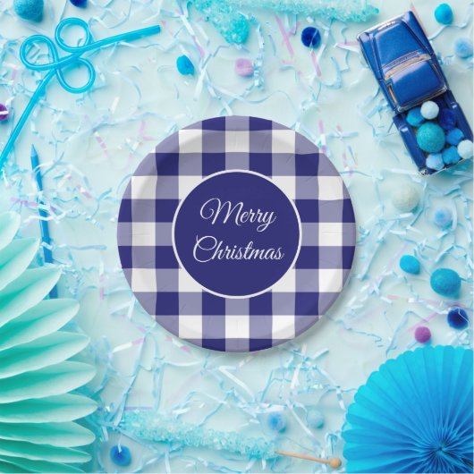 Assiettes En Carton Noël Rustique Bleu Et Blanc Chèques Motif (Fête)