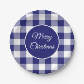Assiettes En Carton Noël Rustique Bleu Et Blanc Chèques Motif (Devant)