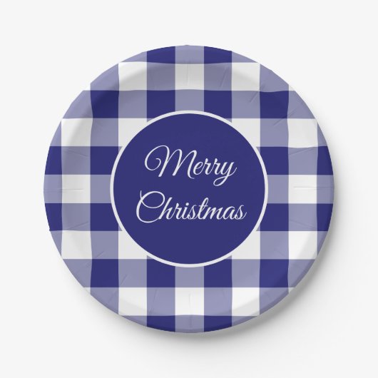 Assiettes En Carton Noël Rustique Bleu Et Blanc Chèques Motif (Devant)