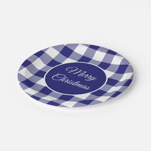Assiettes En Carton Noël Rustique Bleu Et Blanc Chèques Motif (Angle)