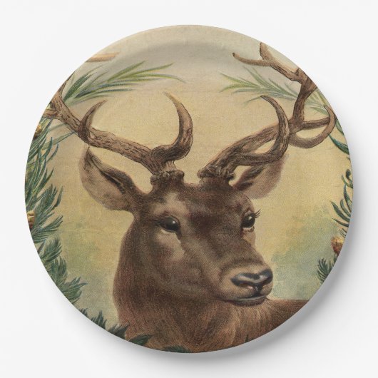 Assiettes En Carton Noël rustique de cerfs communs de mâle de nature (Devant)