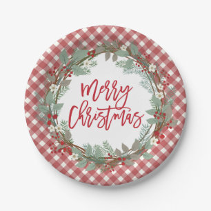 Assiettes En Carton Noël rustique de guingan de ferme de pin et de