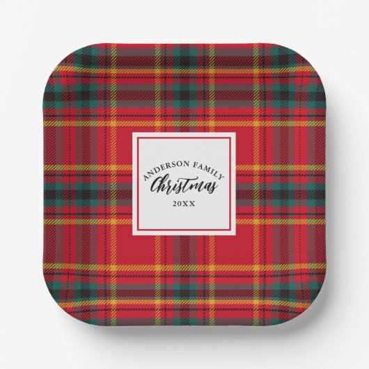 Assiettes En Carton Noël Tartan Plaid Nom de famille Année (Recto)