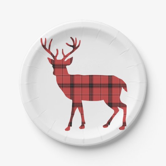 Assiettes En Carton Noël Vacances Cerf Rouge Tartan Motif (Devant)