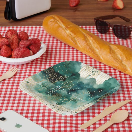 Assiettes En Carton Noël Vert Or Blanc Arbres (Pique-nique)
