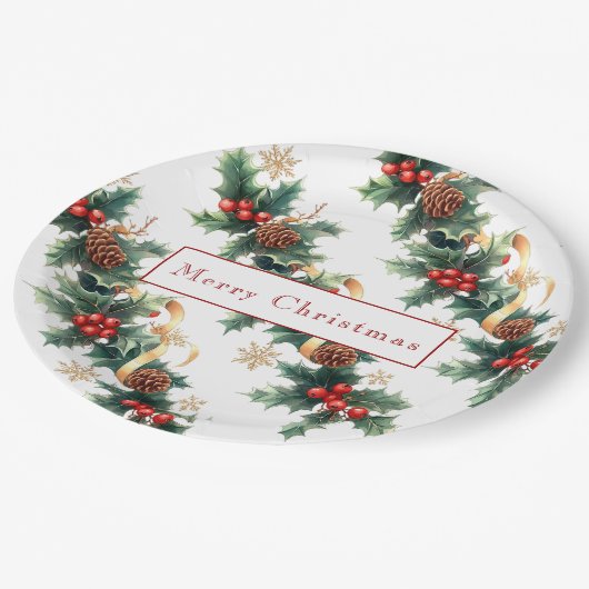 Assiettes En Carton Noëlly Rouge Berries Pine Cônes Or Ribbon (Angle)