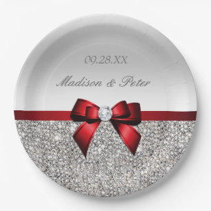 Assiettes En Carton Nœud de mariage rouge à paillettes argentées perso