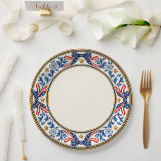 Assiettes En Carton Nœud floral élégant patriotique rouge blanc et ble