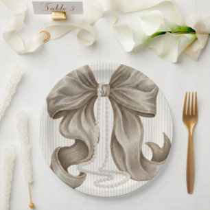 Assiettes En Carton Nœud rayé ivoire et collier de perles