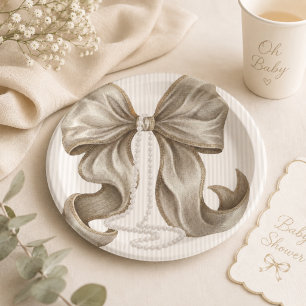 Assiettes En Carton Nœud rayé ivoire et collier de perles