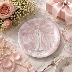 Assiettes En Carton Nœud rayé rose et collier de perles