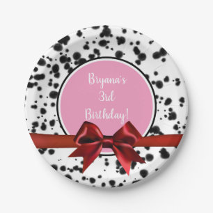 Assiettes En Carton Nœud Rouge Rose Taches Dalmatiennes Noires Fête d'