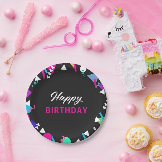 Assiettes En Carton Noir 80s Motif Plaque papier d'anniversaire (Fête)