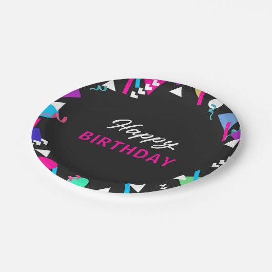 Assiettes En Carton Noir 80s Motif Plaque papier d'anniversaire (Angle)