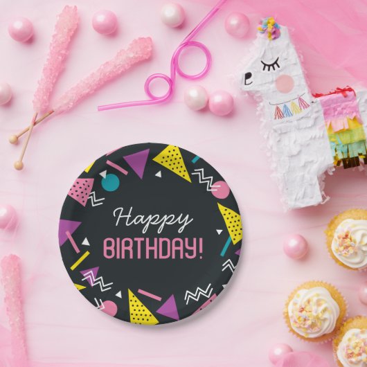 Assiettes En Carton Noir 80s Motif Plaque papier d'anniversaire (Fête)