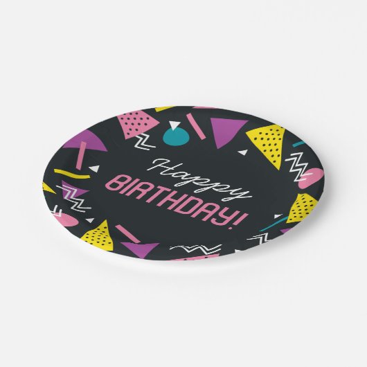 Assiettes En Carton Noir 80s Motif Plaque papier d'anniversaire (Angle)