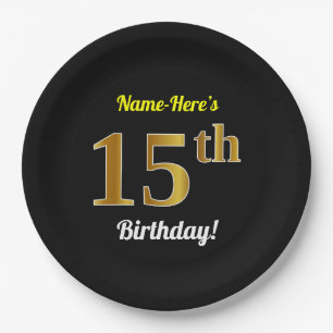 Assiettes En Carton Noir, anniversaire d'or de Faux 15ème + Nom fait