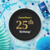 Assiettes En Carton Noir, anniversaire d'or de Faux 25ème + Nom fait (Fête)