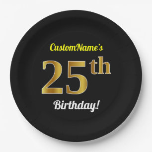Assiettes En Carton Noir, anniversaire d'or de Faux 25ème + Nom fait