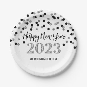 Assiettes En Carton Noir Argent Bonne année 2023 Plaques de papier