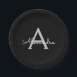 Assiettes En Carton Noir Argent moderne Script Girl Monogramme Nom<br><div class="desc">Monogramme argenté et noir Ajoutez votre propre nom Plaques de partie de script. Cela rend le cadeau parfait pour 16 ans,  mariage,  douche nuptiale,  anniversaire,  baby shower ou bachelorette pour quelqu'un qui aime le luxe glam et les styles chic.</div>