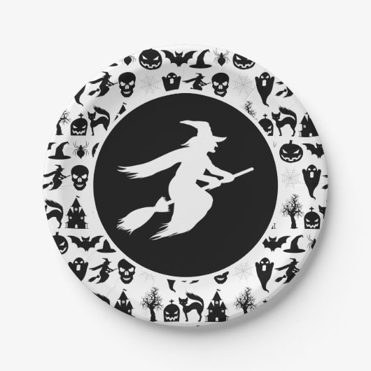 Assiettes En Carton Noir avec Halloween sorcière blanche (Devant)