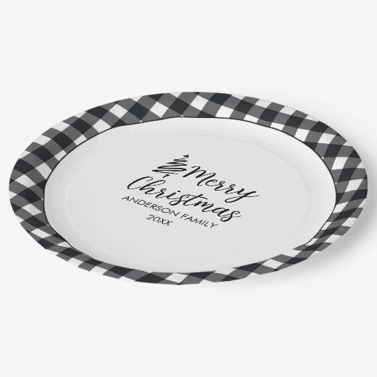 Assiettes En Carton Noir & Blanc Buffalo Plaid Minimale Noël (Angle)